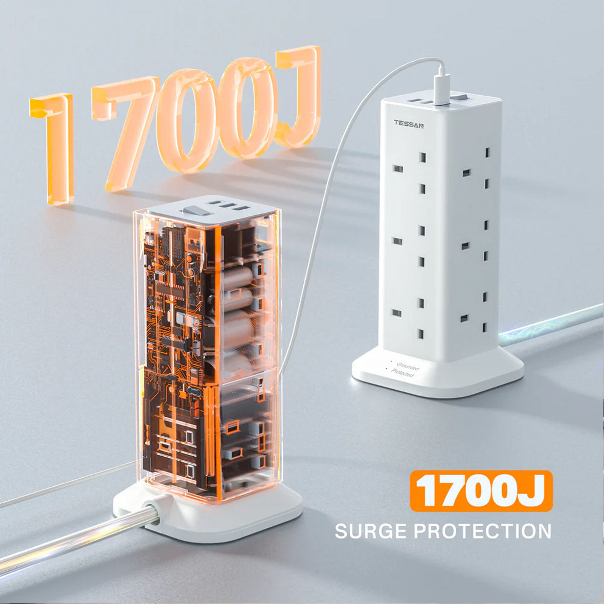 Tessan Power Strip 12AC + 3 USB Vertical Tower TS-TPS04-DE