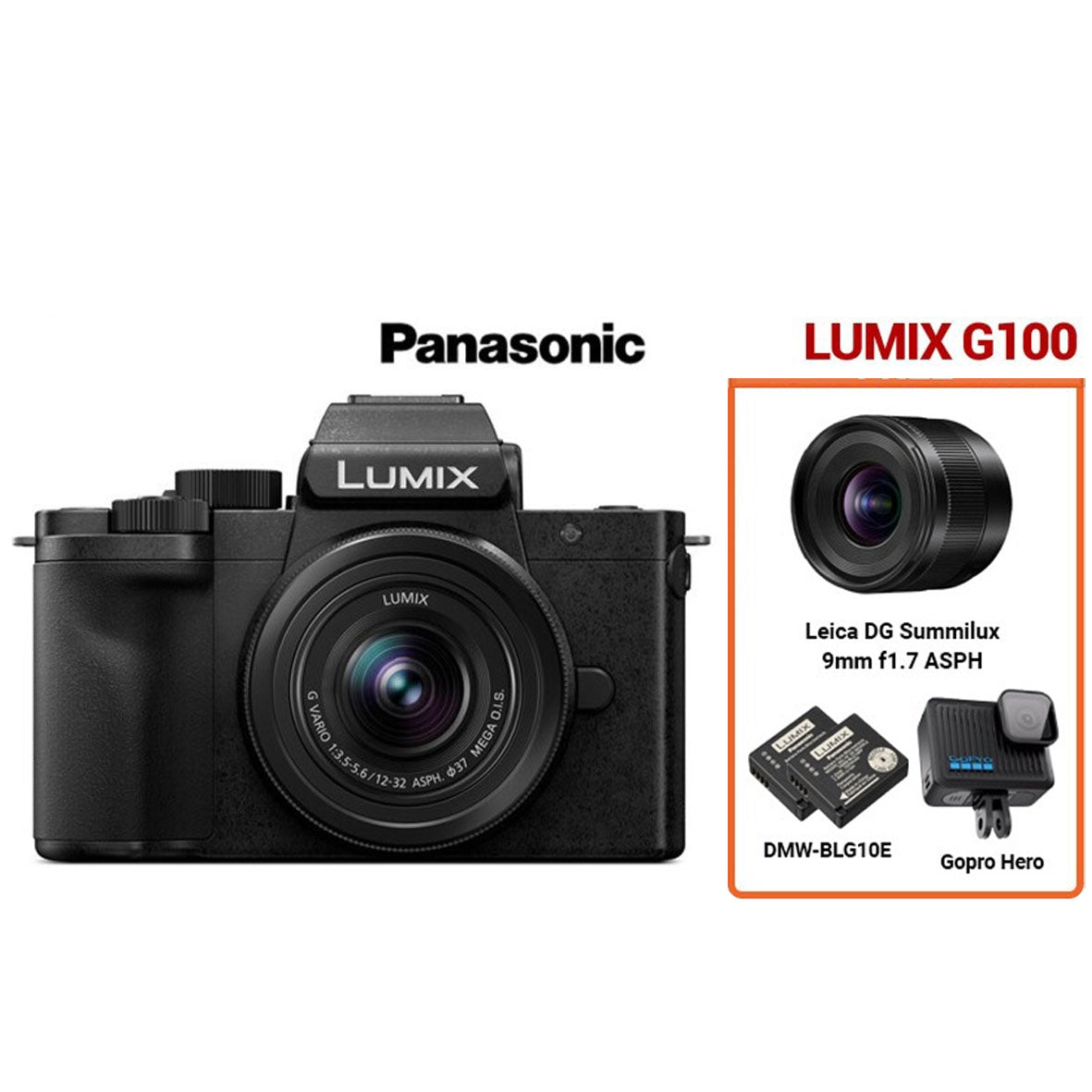 TRAVEL PACKAGE (Panasonic Lumix G100DK Mirrorless Digital Camera with 12-32mm Lens + GoPro Hero Action Camera)