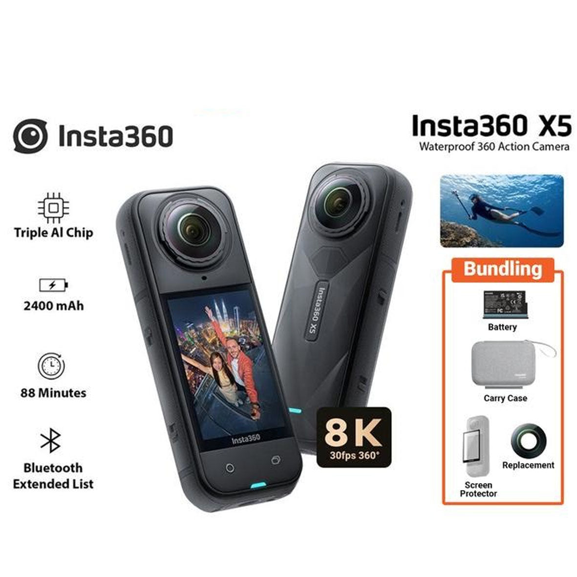 Insta360 X5 + Battery + Carry Case + Replacement Kit + Cooling Screen Protector