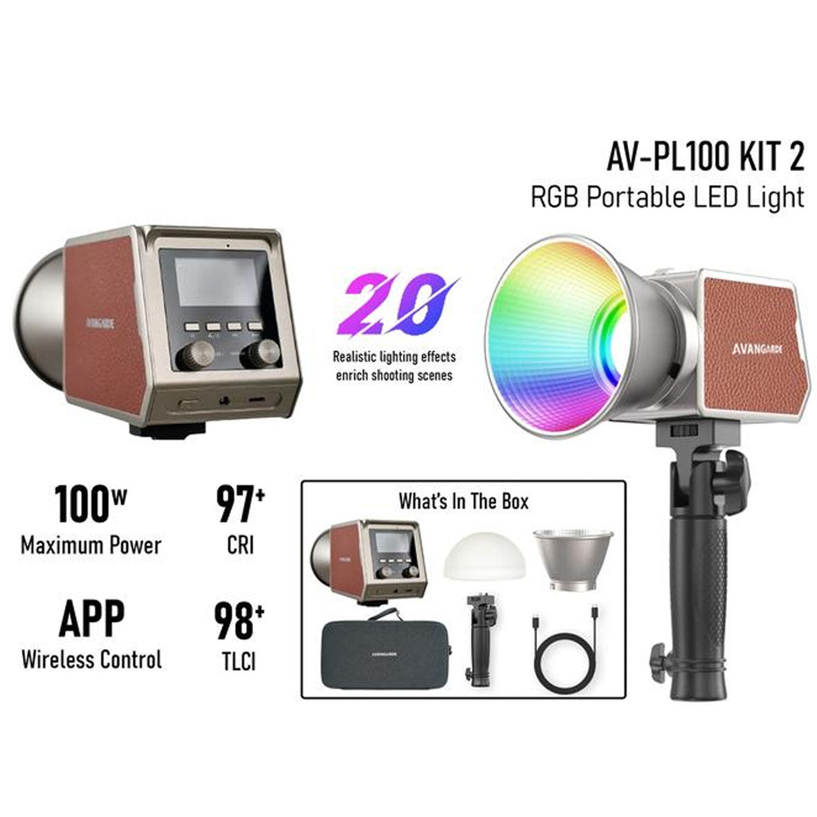 Avangarde AV-PL100 RGB Portable LED Light Kit II (Light Head, Reflector, Type C Charging Cable, Handle Grip, Silicon Diffuser, and Hard Case)