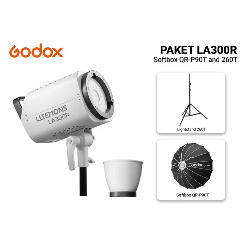 Godox Litemons LA300R RGB LED Monolight with Softbox QR-P90T and Lightstand 260T