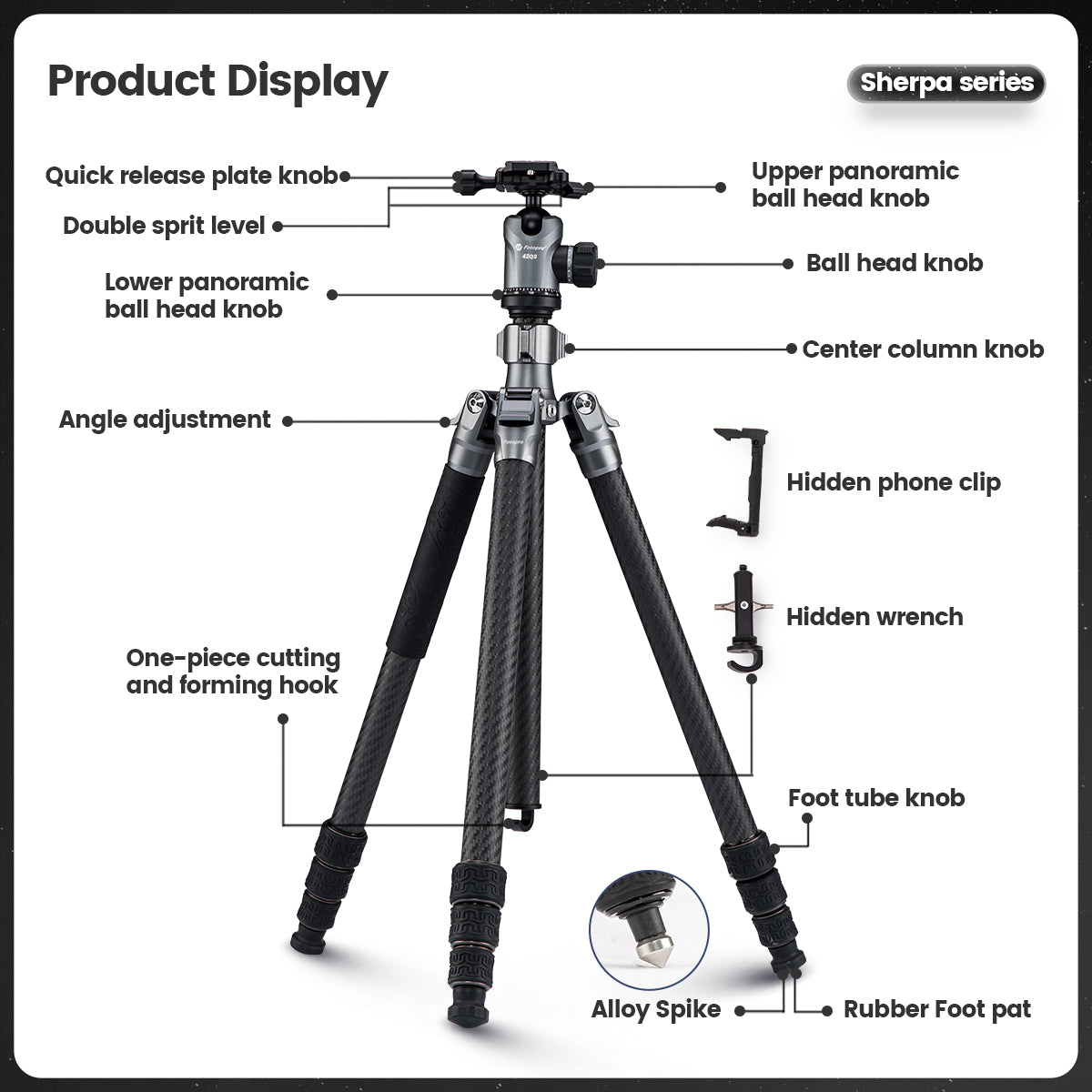 Fotopro Sherpa Max Carbon Fiber Tripod + 62Q Ballhead Grey