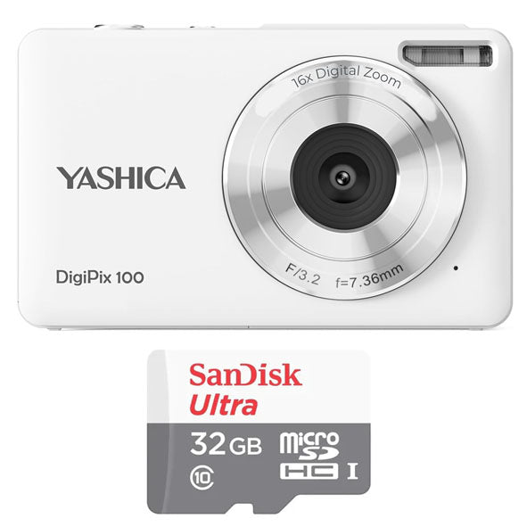 YASHICA DigiPix 100 (White) with Sandisk Ultra Micro SD 32GB 100Mb/s MicroSDHC UHS-I