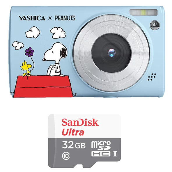 YASHICA x Snoopy Digital Camera (Blue)  with Sandisk Ultra Micro SD 32GB 100Mb/s MicroSDHC UHS-I