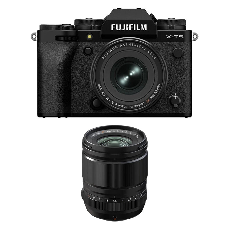 Fujifilm X-T5 Mirrorless Camera with XF 16-50mm f2.8-4.8 Lens (Black) with Fujifilm XF 18mm f1.4 R LM WR Lens