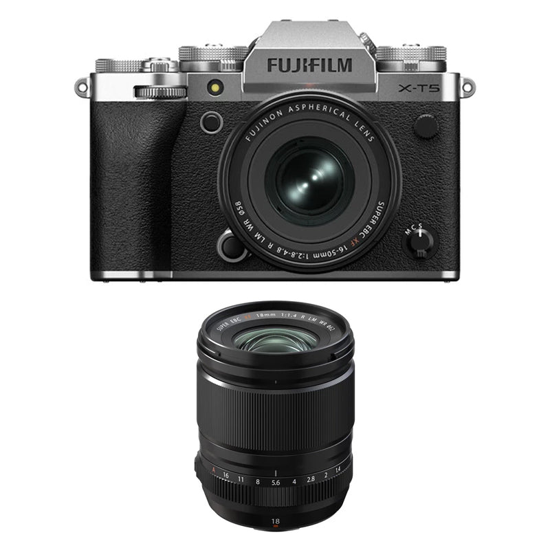 Fujifilm X-T5 Mirrorless Camera with XF 16-50mm f2.8-4.8 Lens (Silver) with Fujifilm XF 18mm f1.4 R LM WR Lens