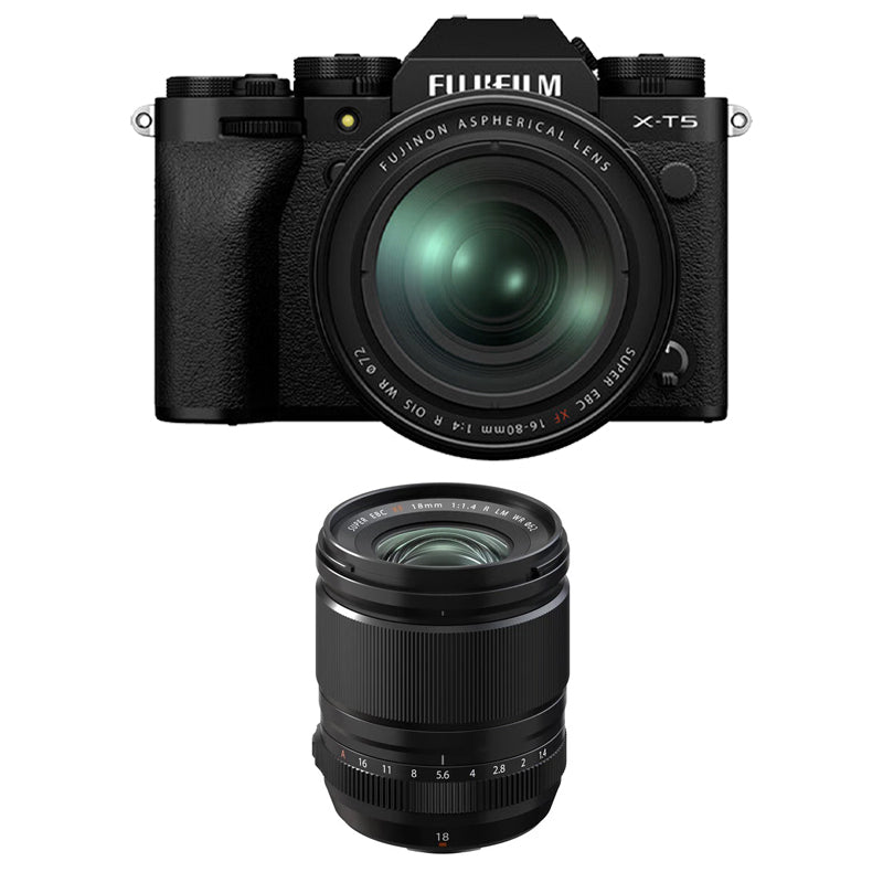 Fujifilm X-T5 Mirrorless Camera with 16-80mm Lens (Black) with Fujifilm XF 18mm f1.4 R LM WR Lens