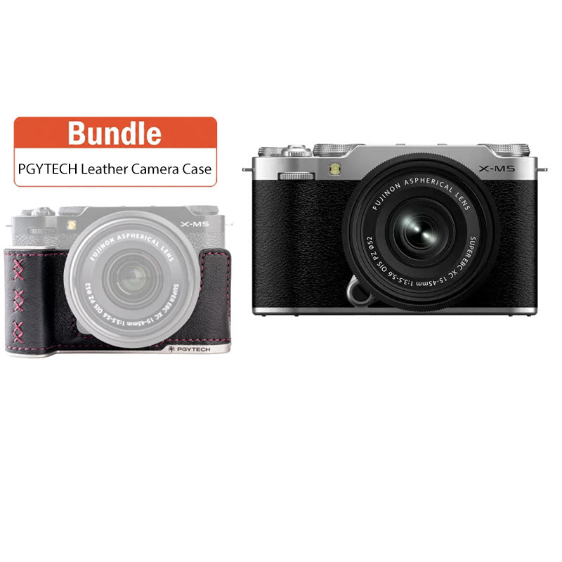 Fujifilm X-M5 Mirrorless Camera with XC 15-45mm f3.5-5.6 Lens Silver with PGYTECH Leather Camera Case for FUJIFILM X-M5 Midnight Black P-CB-543