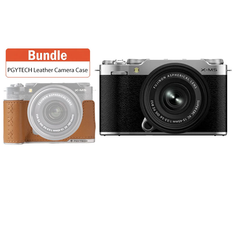 Fujifilm X-M5 Mirrorless Camera with XC 15-45mm f3.5-5.6 Lens Silver with PGYTECH Leather Camera CaseFor FUJIFILM X-M5 Clay Brown) P-CB-544