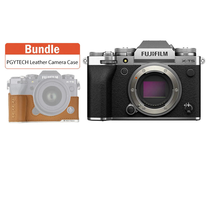 Fujifilm X-T5 Mirrorless Camera Body Only (Silver) with PGYTECH Leather Camera Case for FUJIFILM X-T5 Clay Brown P-CB-553