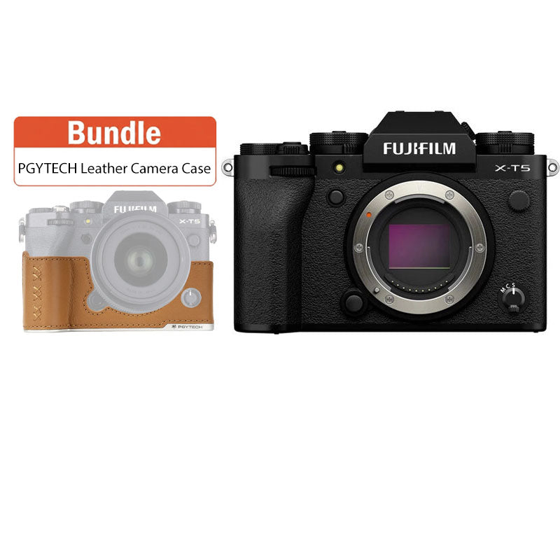 Fujifilm X-T5 Mirrorless Camera Body Only (Black) with PGYTECH Leather Camera Case for FUJIFILM X-T5 Clay Brown P-CB-553