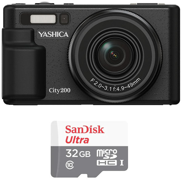 YASHICA City 200 (Black) with Sandisk Ultra Micro SD 32GB 100Mb/s MicroSDHC UHS-I