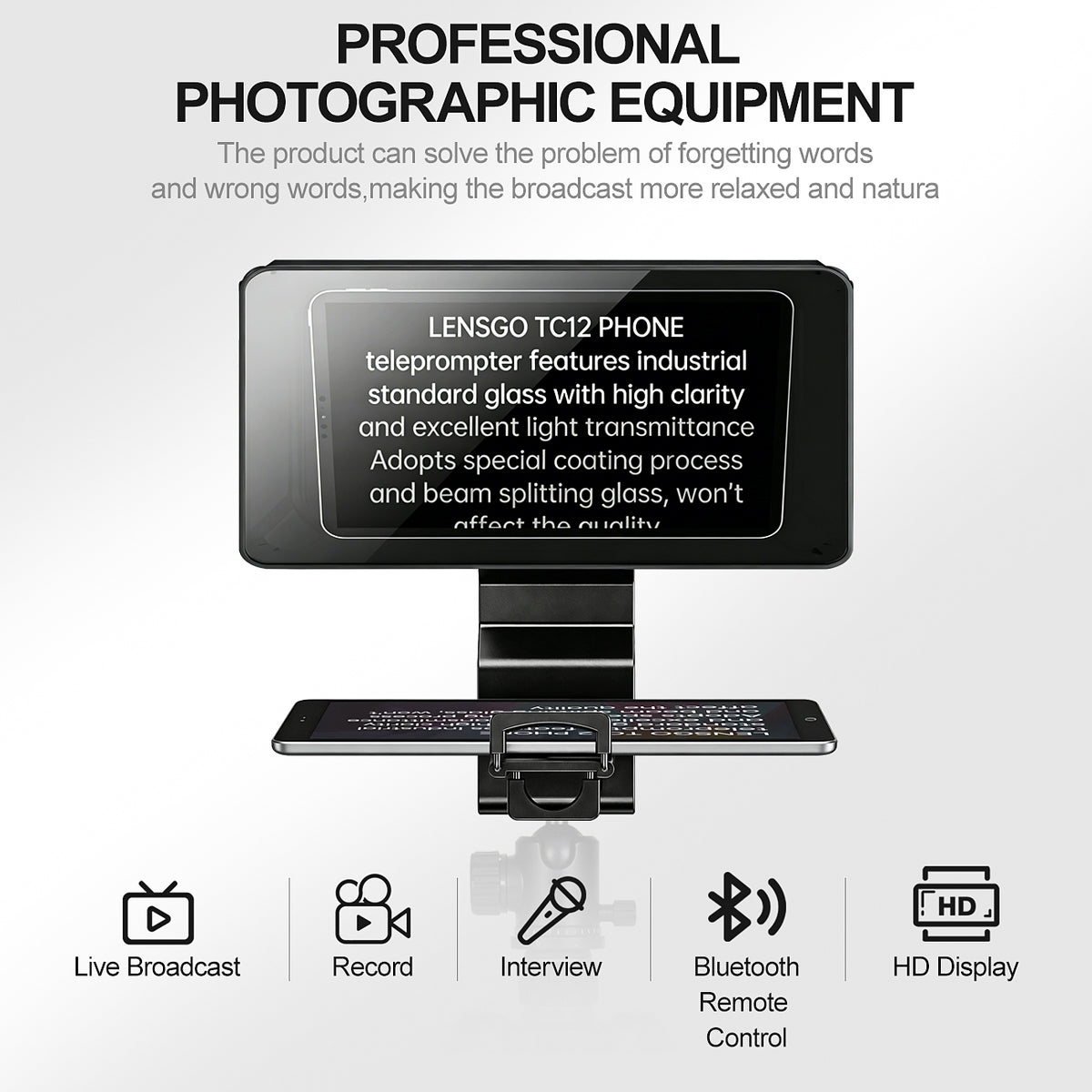 LENSGO TC12P 12.9" Teleprompter with Remote Control for Smartphone/Tablets