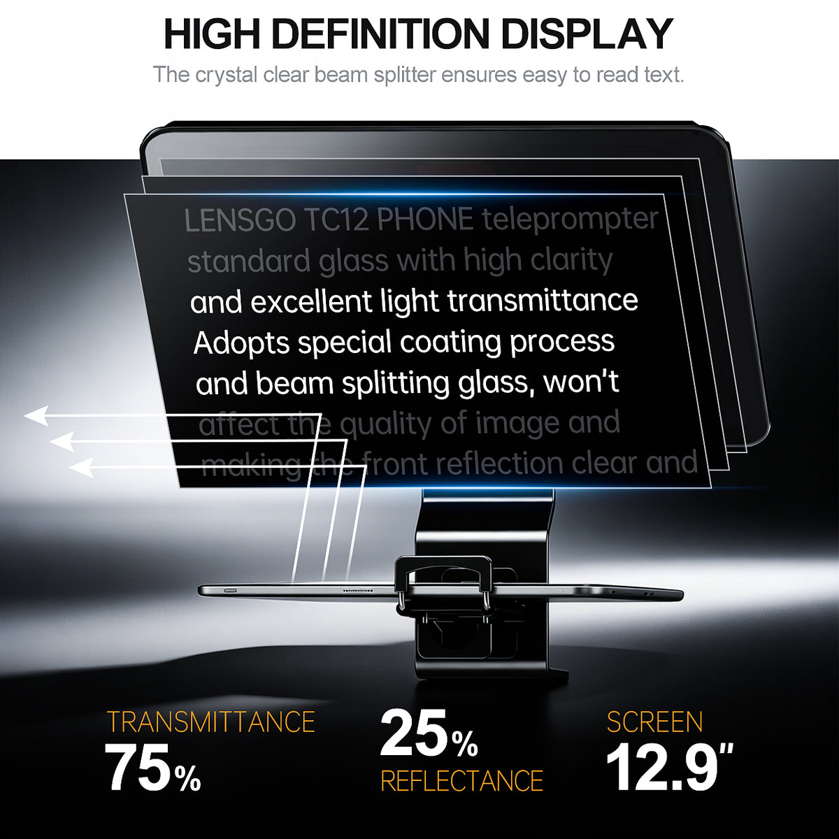 LENSGO TC12P 12.9" Teleprompter with Remote Control for Smartphone/Tablets