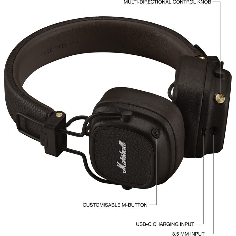 Marshall Major V On-Ear Wireless Bluetooth Headphones (Brown)