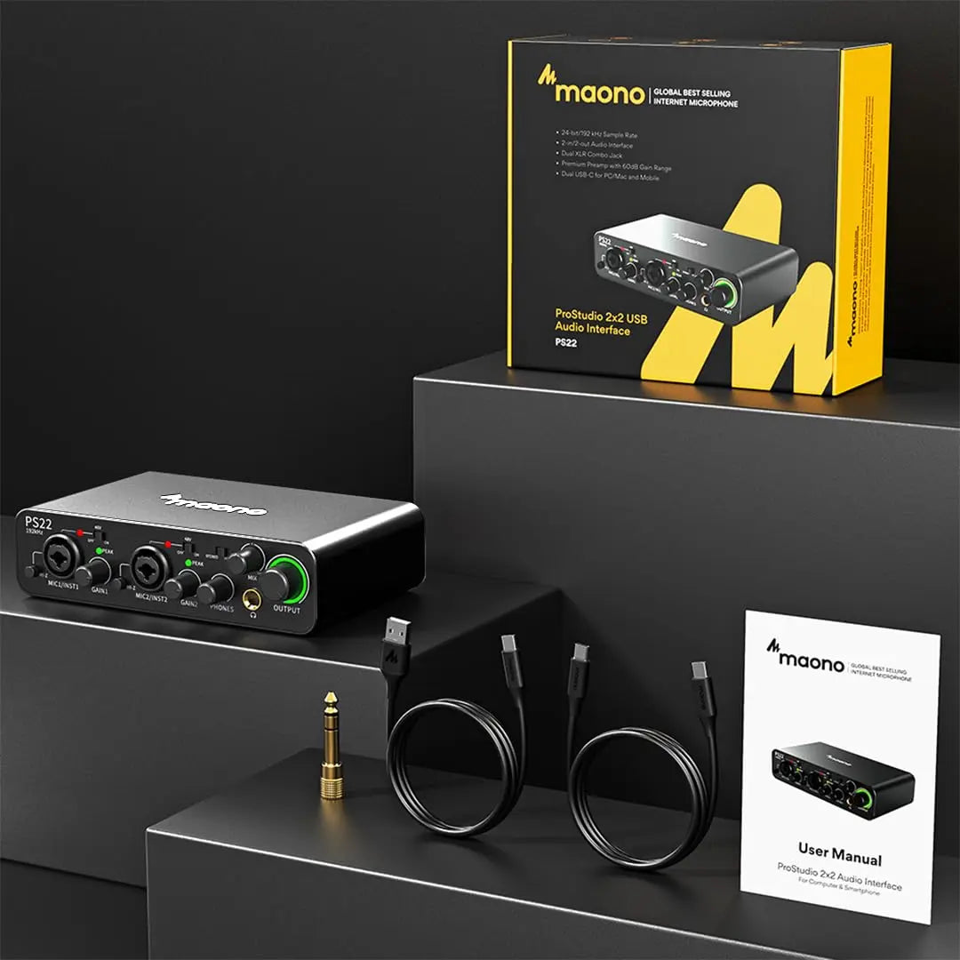 Maono PS22 Audio Interface for Recording, Music Production, Guitar - Black