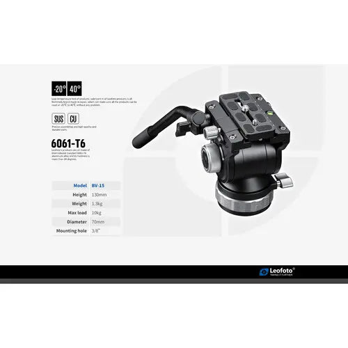 Leofoto BV-15 70mm Fluid Video Head with PU-100D 100x38mm QR Plate