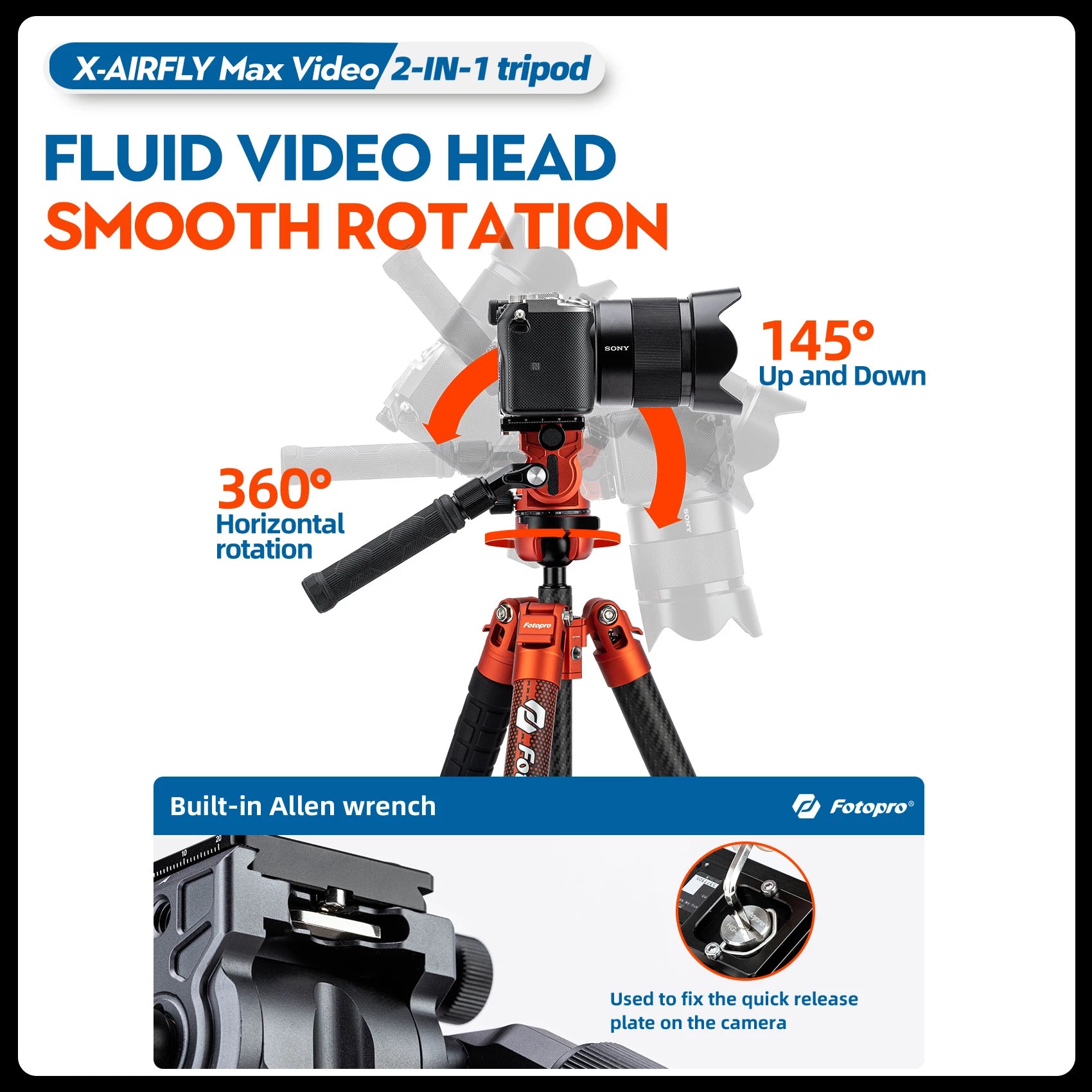 Fotopro X-Airfly MAX Video Ultra Light Carbon Fiber Tripod Orange