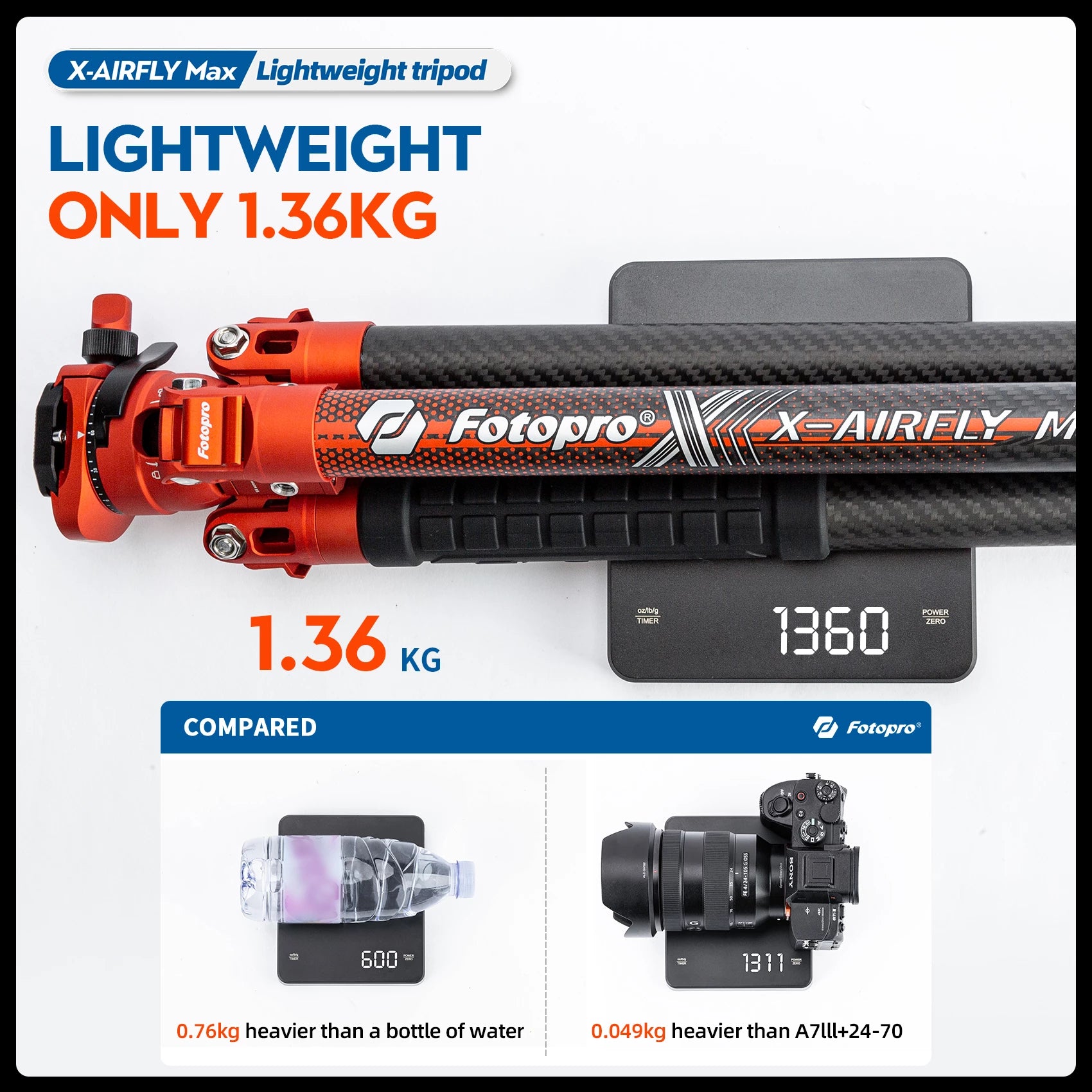 Fotopro X-Airfly MAX Ultra Light Carbon Fiber Tripod Orange