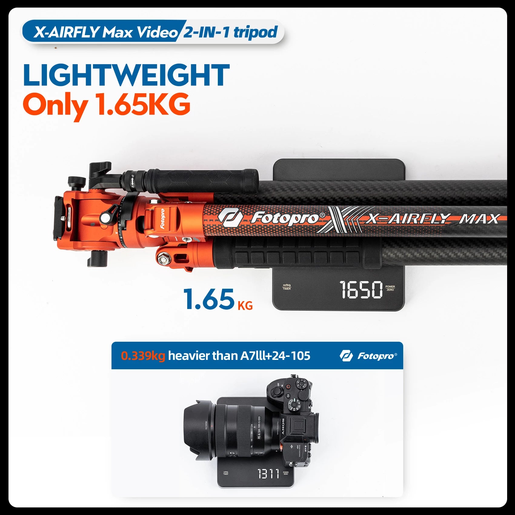 Fotopro X-Airfly MAX Video Ultra Light Carbon Fiber Tripod Orange