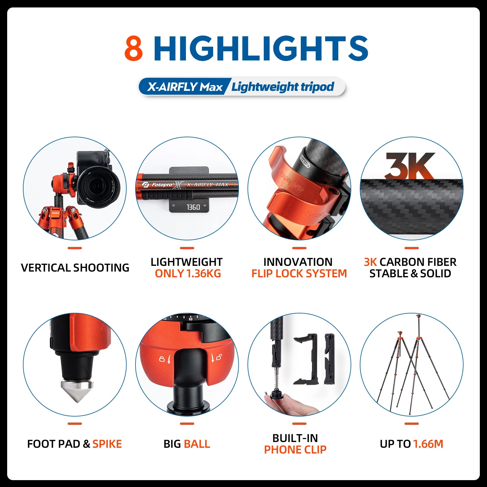 Fotopro X-Airfly MAX Ultra Light Carbon Fiber Tripod Orange