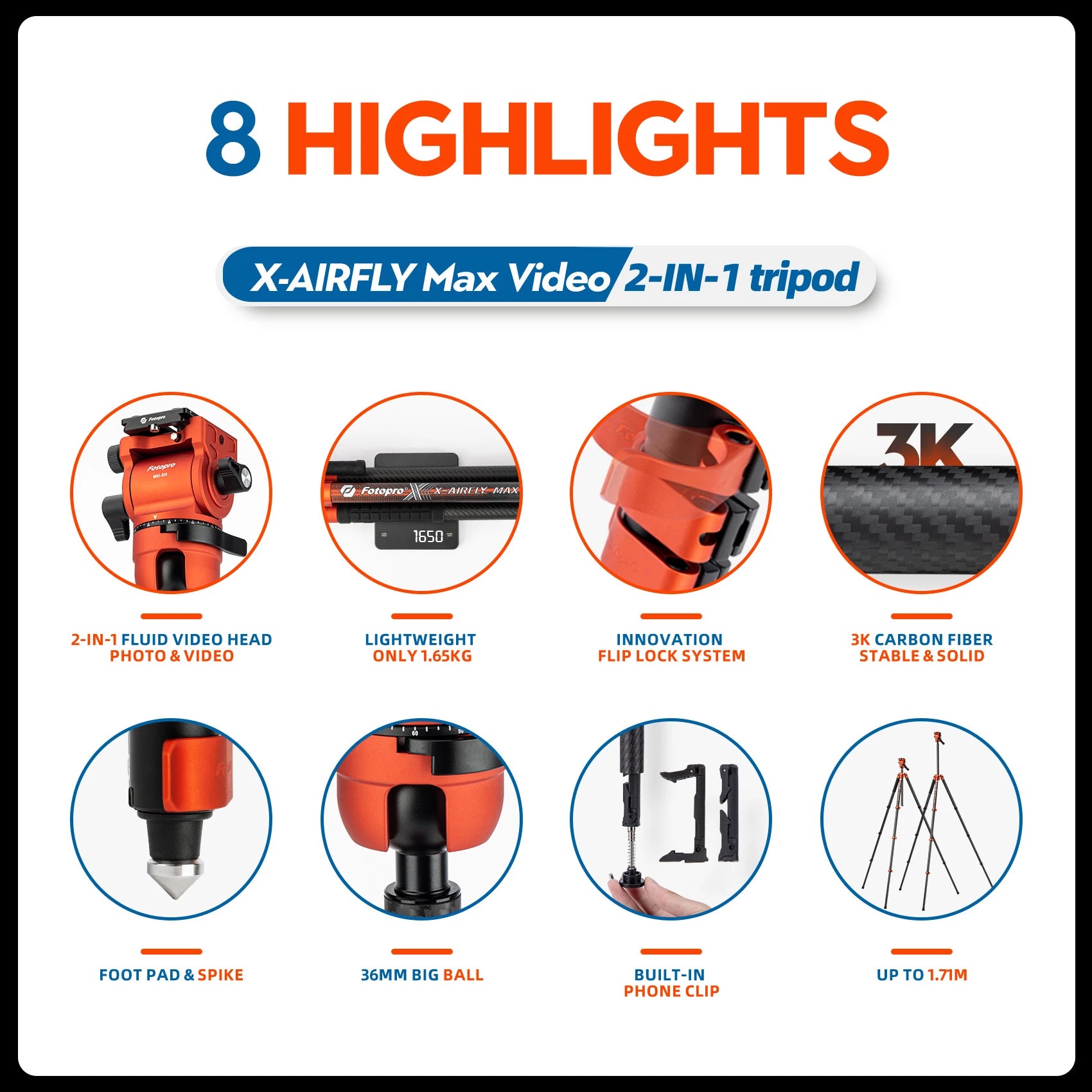 Fotopro X-Airfly MAX Video Ultra Light Carbon Fiber Tripod Orange