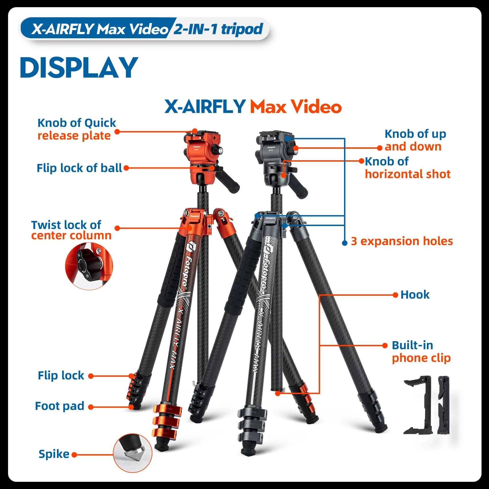 Fotopro X-Airfly MAX Video Ultra Light Carbon Fiber Tripod Orange