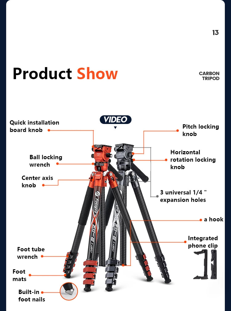 Fotopro X-Airfly Video Ultra Light Carbon Fiber Tripod Orange