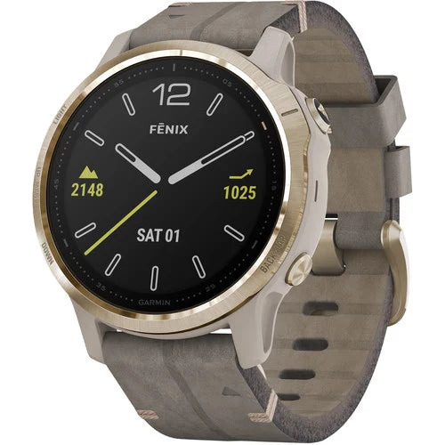 Garmin Fenix 6S Multisport GPS Smartwatch 42mm Sapphire Light Gold-tone with Shale Gray Leather Band