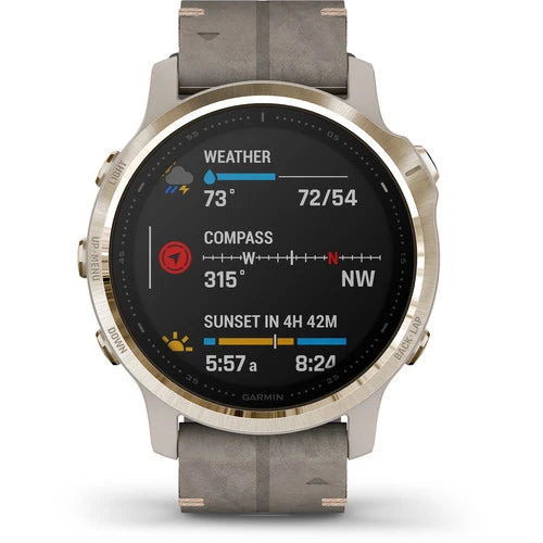 Garmin Fenix 6S Multisport GPS Smartwatch 42mm Sapphire Light Gold-tone with Shale Gray Leather Band