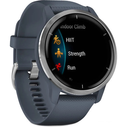 Garmin Venu 2 - Silver Stainless Steel Bezel with Granite Blue Case and Silicone Band (AGA-010-02430-70)