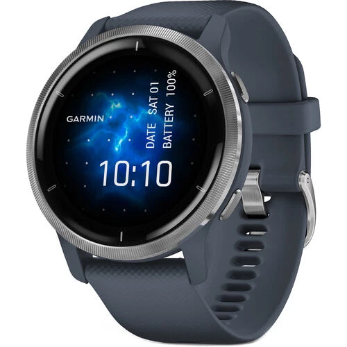 Garmin Venu 2 - Silver Stainless Steel Bezel with Granite Blue Case and Silicone Band (AGA-010-02430-70)