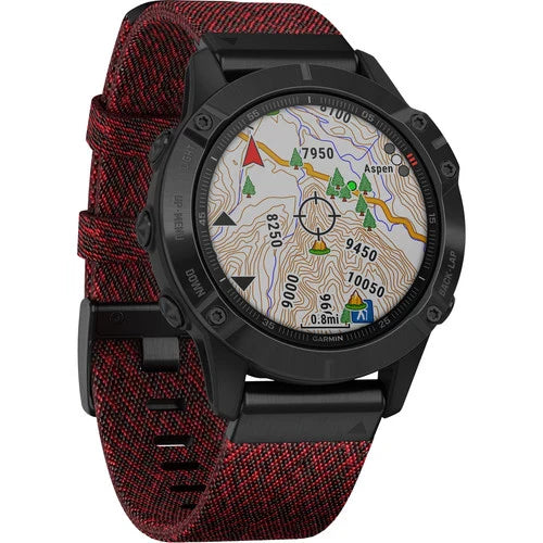 Garmin Fenix 6 Multisport GPS Smartwatch 47mm Sapphire Black with Heathered Red Nylon Band
