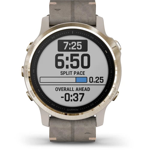 Garmin Fenix 6S Multisport GPS Smartwatch 42mm Sapphire Light Gold-tone with Shale Gray Leather Band