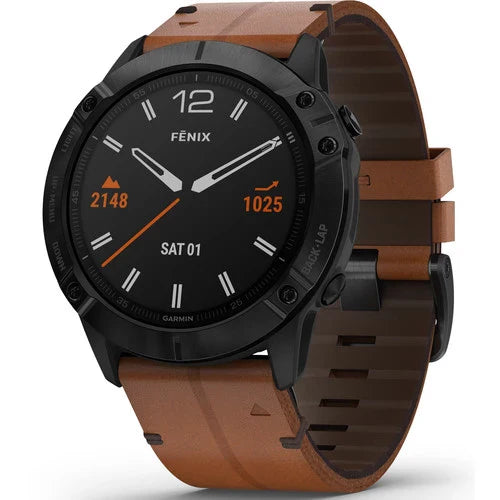 Garmin Fenix 6X Multisport GPS Smartwatch 51mm Sapphire Black DLC with Chestnut Brown Leather Band