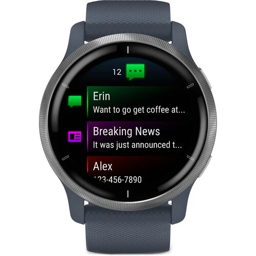 Garmin Venu 2 - Silver Stainless Steel Bezel with Granite Blue Case and Silicone Band (AGA-010-02430-70)