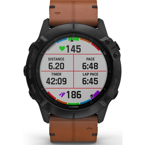 Garmin Fenix 6X Multisport GPS Smartwatch 51mm Sapphire Black DLC with Chestnut Brown Leather Band