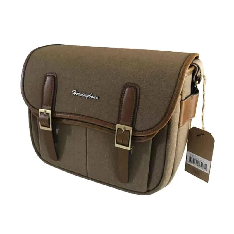 Herringbone Maniere Large Canvas Camera Shoulder Bag Olive