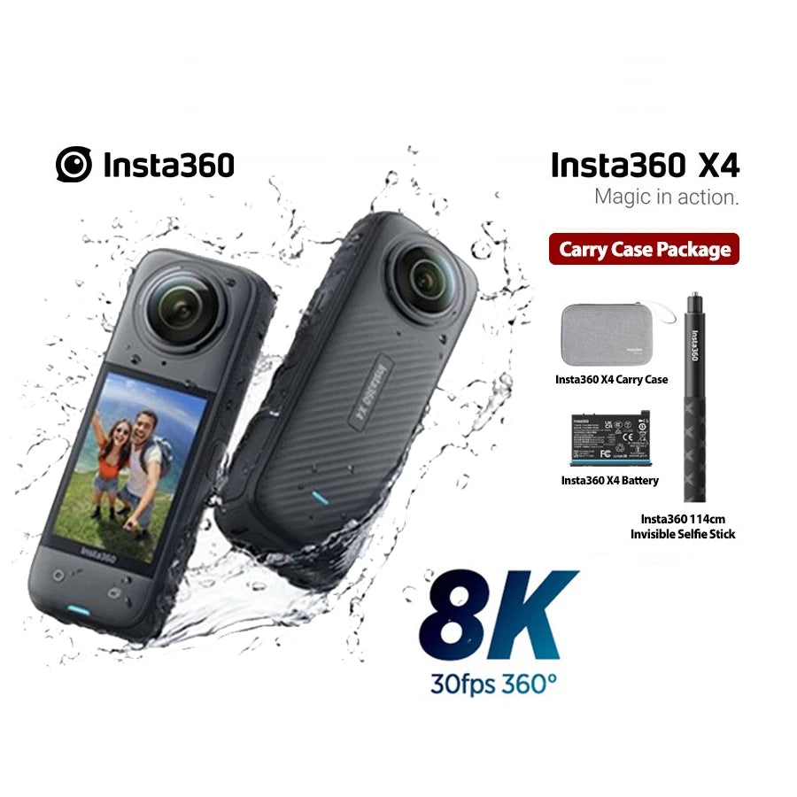 Insta360 X4 360° 8K Camera + Carry Case + Selfie Stick 114 cm + Battery