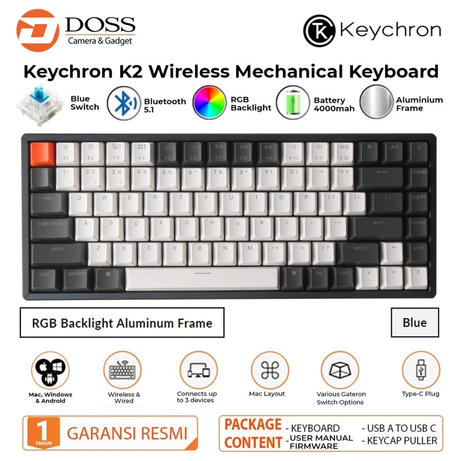 Keychron K2-B1H 84Key RGB Led Plastic Frame Red Swicth Hot-Swappable Keyboard