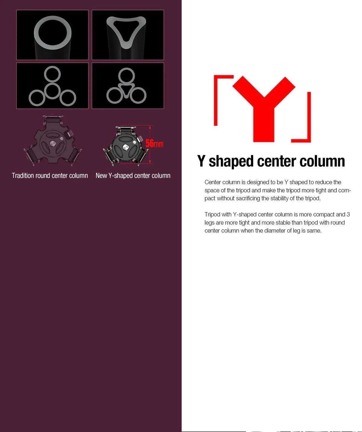 Leofoto LY-224C+LH-25(Red) Carbon Fiber Y Shaped Center Column Tripod