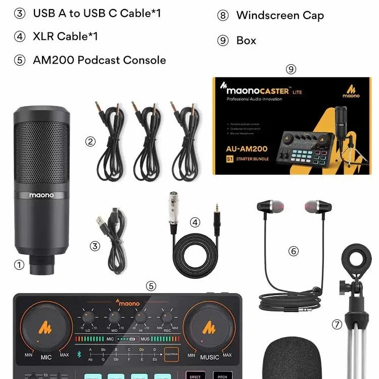 Maonocaster Lite AU-AM200 S1 Single Mic Bundle Portable Live Streaming and Studio Podcast USB Sound Card