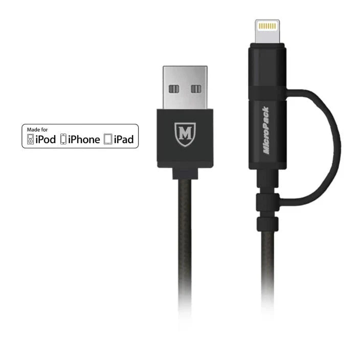 MICROPACK CABLE 2 IN 1 DATA AND CHARGING MFI 2,4AH BLACK (I-201.BLK)