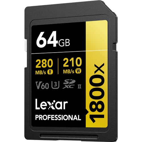 Lexar 64GB 1800x SDXC UHS-II Memory Card R: 280MB/S W: 210MB/s