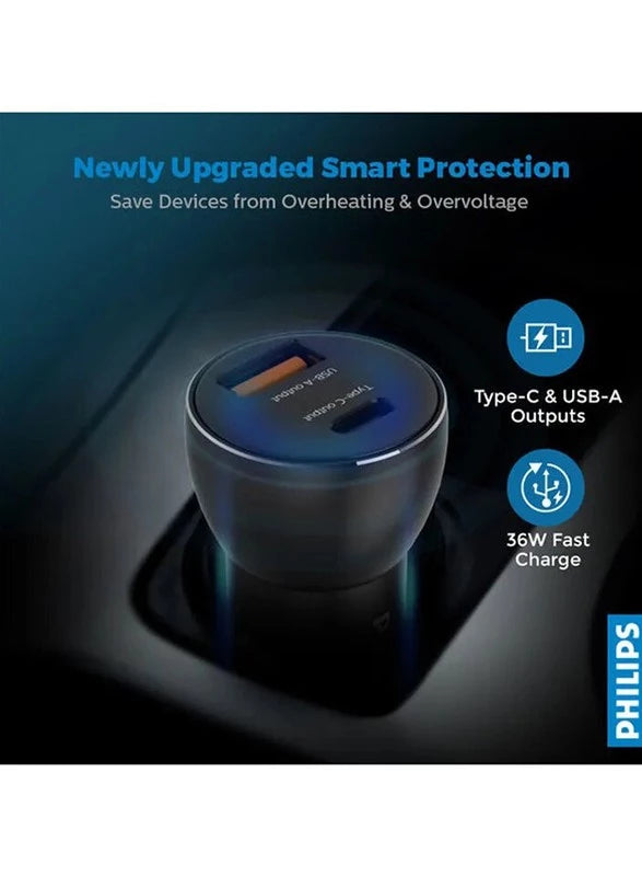Philips DLP2521 Ultra Fast Car Charger with PD and QC Output 36W