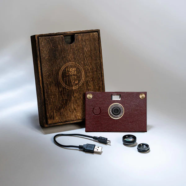 Paper Shoot Leather Texture Wooden Box Camera Set - Burgundy Red 18MP