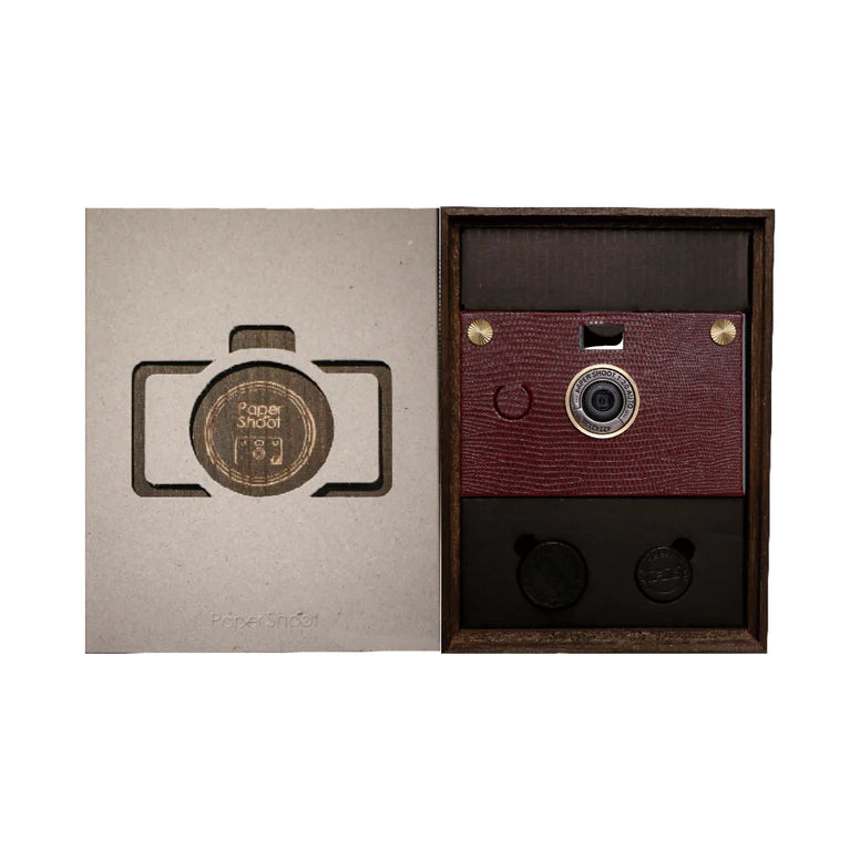 Paper Shoot Leather Texture Wooden Box Camera Set - Burgundy Red 18MP