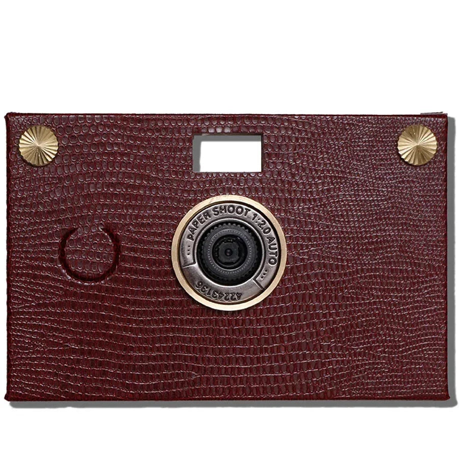 Paper Shoot Leather Texture Wooden Box Camera Set - Burgundy Red 18MP