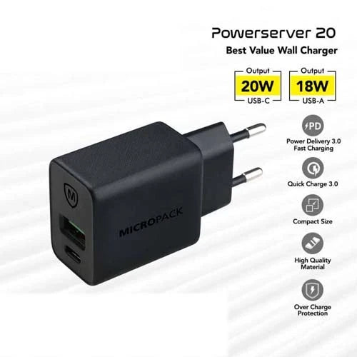 Micropack Wall Charger Dual Ports Power Server 20 (MWC-220PD-BK-EU)