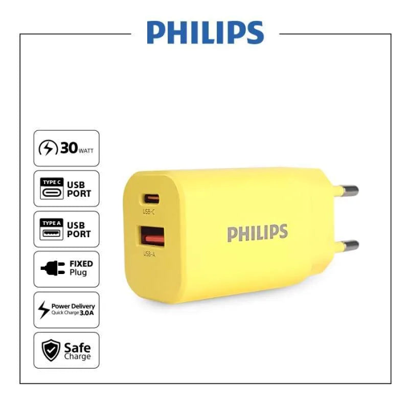 Philips DLP4327CB Wall Charger with USB-A and C Dual Port PD 30W QC 3.0 - Yellow